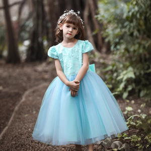 Girls' Mid Length Tulle Princess Dress O Neck A Line Green Wine Red Rose Color For Flower Girls - Product Image 1
