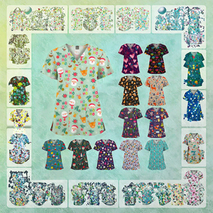 Women's Printed Christmas Woven Polyester <b>Scrubs</b> <b>Top</b> Short Sleeve Nursing Set with Elastic Shirt 2025 2026 Holiday Season - Product Image 3