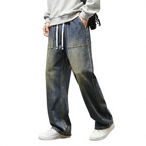 Mens Loose Fit Drawstring Wide Leg Washed Blue <b>Jeans</b> Casual Vintage Tinted Patch Pocket Denim Pants Streetwear <b>Soft</b> 100% Cotton - Product Image 2