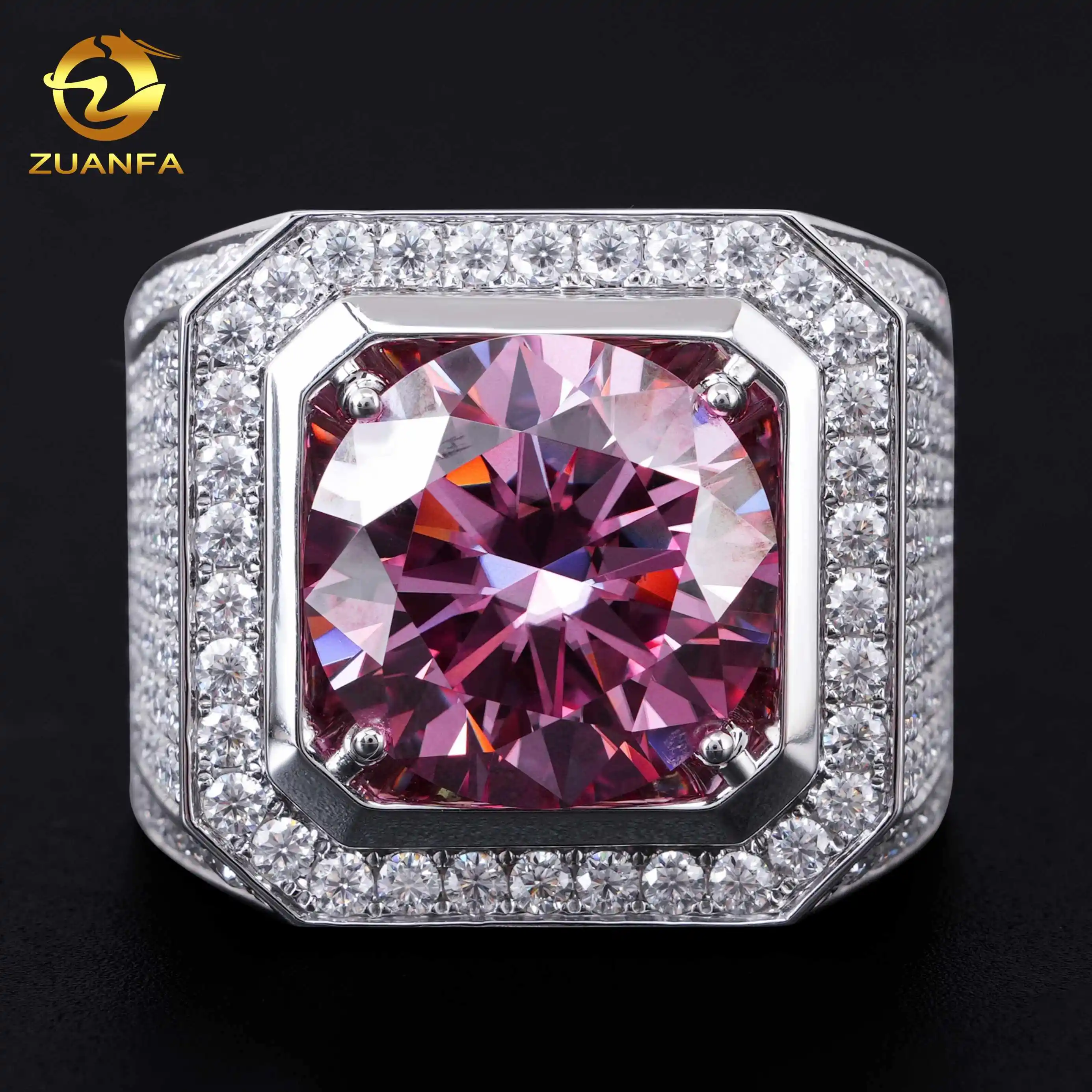 Zuanfa real gold jewelry 10k 18k solid white gold moissanite diamond mens ring 15mm pink lab diamond rings