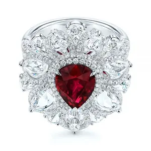 Luxury Wedding Jewelry 925 Sterling Silver With White Zircon Halo Pear Shape Ruby Ring