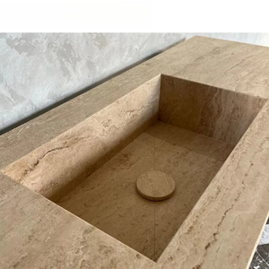 Lavabo de Baño Rectangular de Diseño Simple 2024, Superficie Pulida Beige, Travertino Moderno, Encimera de Piedra Travertino - Product Image 4