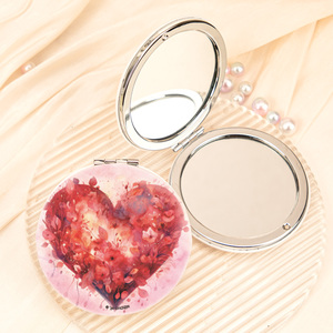 Espejo Compacto de Cuero PU con Diseño Floral de Corazón Rojo en Acuarela, Marco Redondo de Hierro Plateado, Espejo de Maquillaje de Bolsillo de Doble Cara con Cristal HD, Venta al por Mayor - Product Image 2