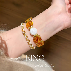 King Silver Jewelry Amber <b>Bracelet</b> Women's Fashion <b>Beaded</b> Pearl <b>Bracelet</b> Everyday Wear - Product Image 3