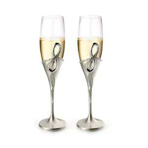 Wholesale Wine Glasses toasting flutes with metal stem with clear crystals silver plated Wedding Gifts Champagne Flutes