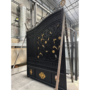 שערי כביש יוקרתיים מברזל יצוק עם פותחן חשמלי פרחים מוזהב דלת כניסה הראשית דלתות גן עבור וילות - Product Image 1