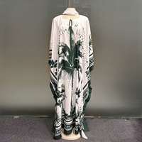 Robe Kaftan Ample Imprimée Palme et Flamant Noir et Blanc Tendance 2026 pour Vacances, Robe Africaine d'Été Imprimée Grande Taille pour Femme