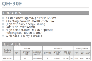 Chauffage au quartz CE approuvé QH-90F 1200W, silencieux, anti-basculement, thermostat réglable, idéal pour les personnes âgées et les maisons de retraite - Product Image 5