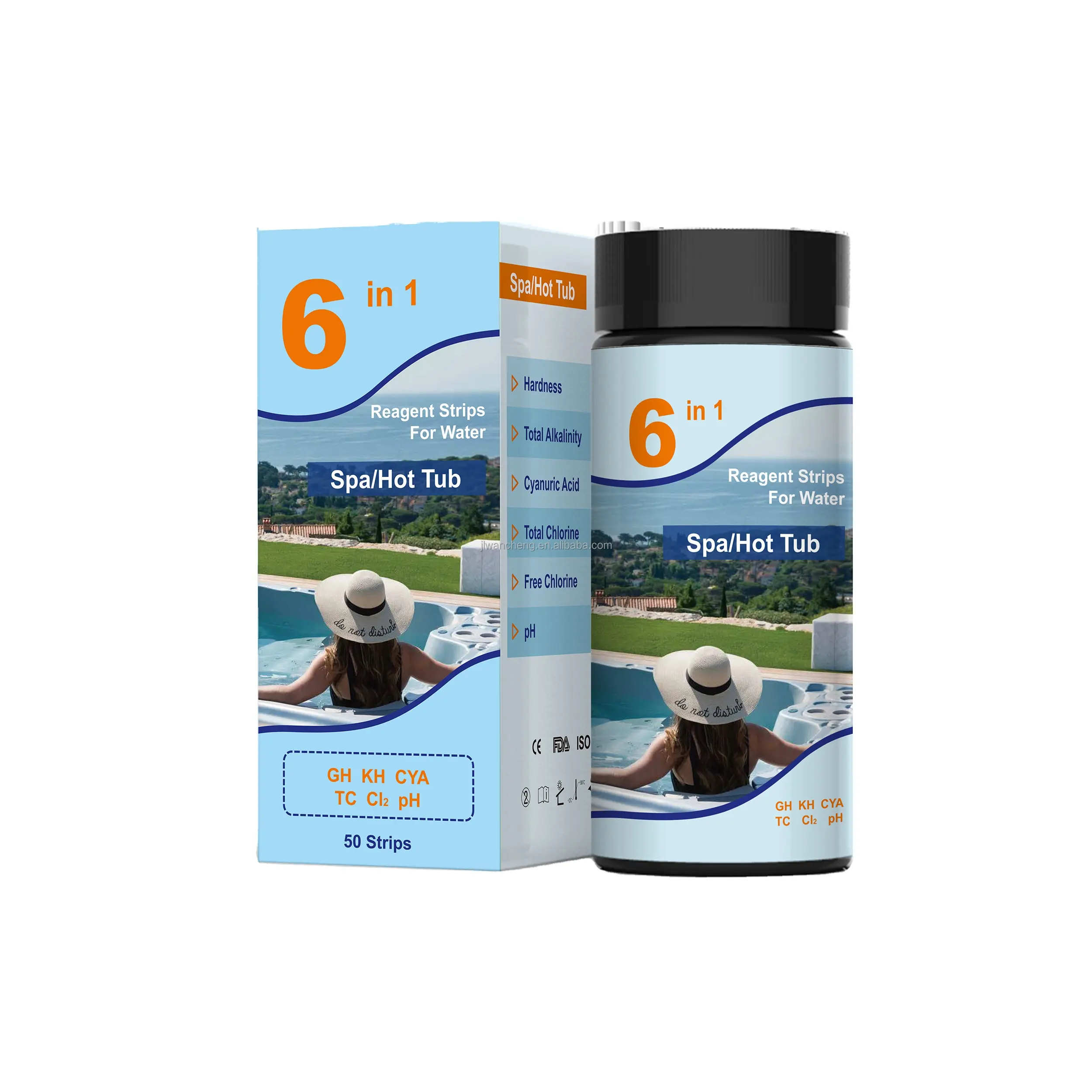 Faixa de teste 6 em 1 para banheira, spa, piscina, cloro, água, tiras de teste de dureza, kit de teste de piscina