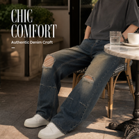 Pantaloni Harem Vintage da Ragazzo Stile High Street, Jeans Strappati a Vita Alta, Tinta Unita, Tessuto Traspirante, Lavaggio Medio