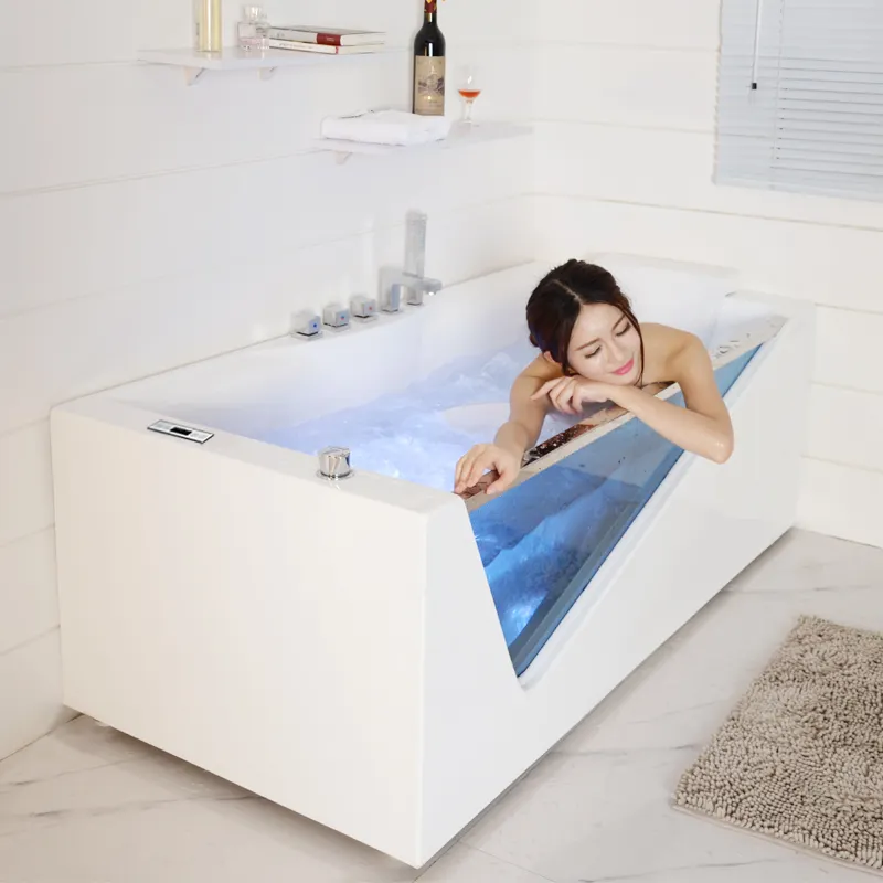 White Whirlpool Free Standing Spa Massage Bathtub Indoor With Side Glass Corner Multi Functional Acrylic Bathtub Cold Plunge Tub