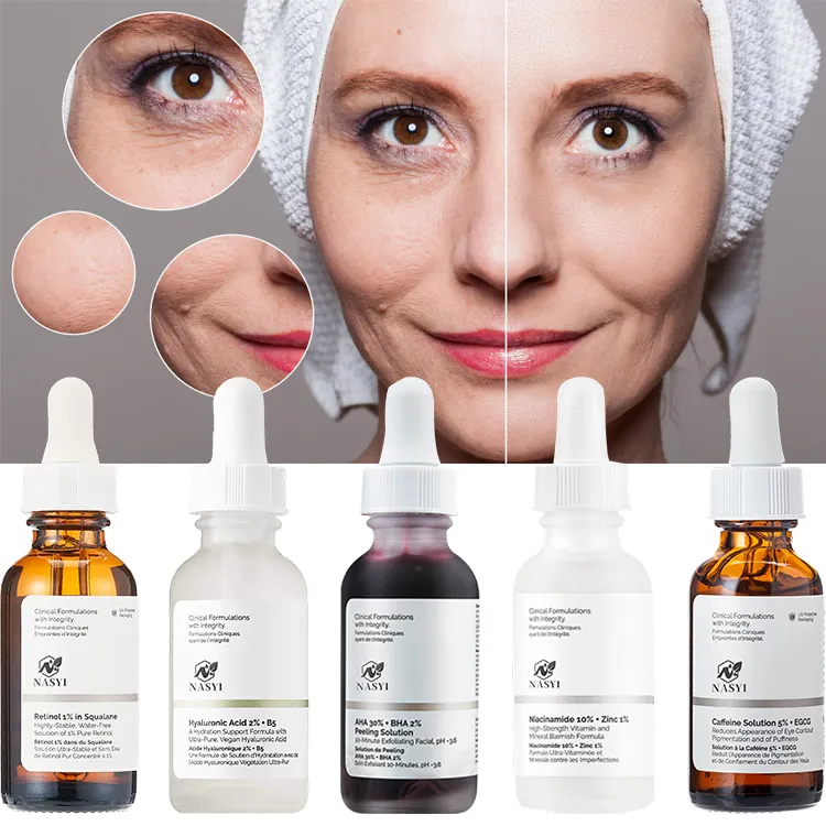 Serum perawatan wajah, disesuaikan grosir Serum perawatan kulit asam Hyaluronic hidrasi dalam Vitamin B5 Niacinamide AHA BHA Serum pemutih jerawat