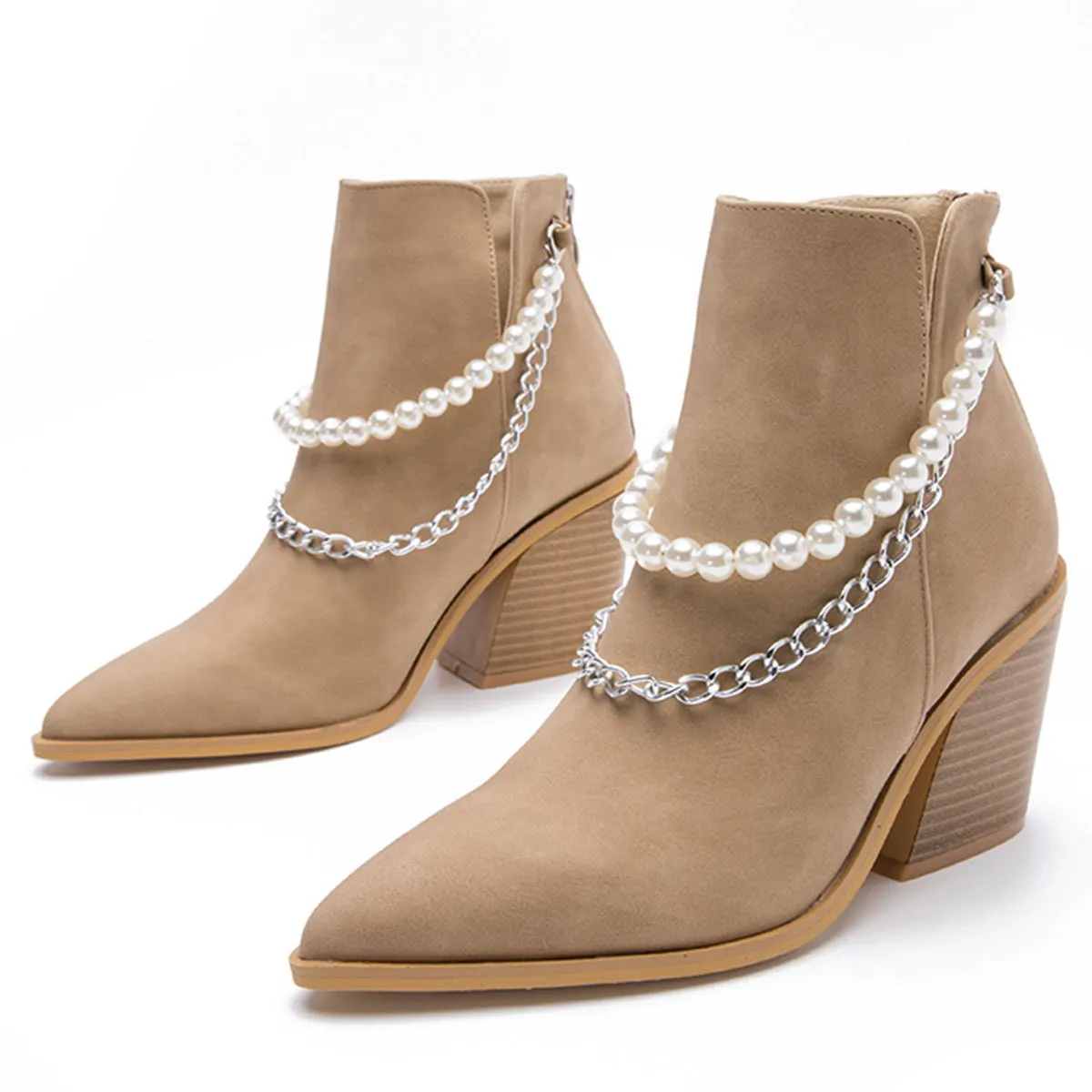2022 Autumn And Winter New Large Size British Wind Velvet Solid Color Suede Pearl Chain Decoration Fashion Ladies High Heel Boot