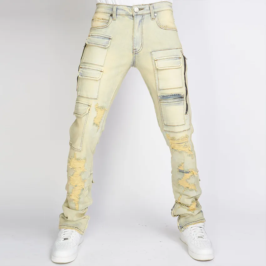 All'ingrosso della fabbrica Patchwork di colore di contrasto Jeans da uomo pietra lavata strappati svasati pantaloni da uomo Jeans