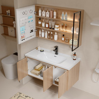 Meuble de salle de bain élégant en aluminium nid d'abeille grain chêne clair avec 2 portes, miroir, étagère ouverte et lavabo en céramique anti-traces de doigts