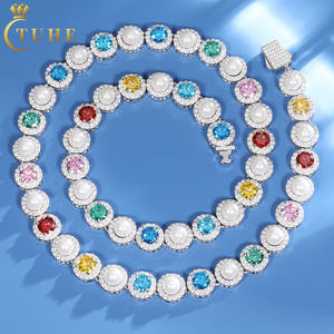 Pearl Series 9,5mm Plata de Ley 925 colores mezclados VVS Moissanite piedra preciosa perla de agua dulce racimo Halo collar de cadena de tenis - Product Image 1
