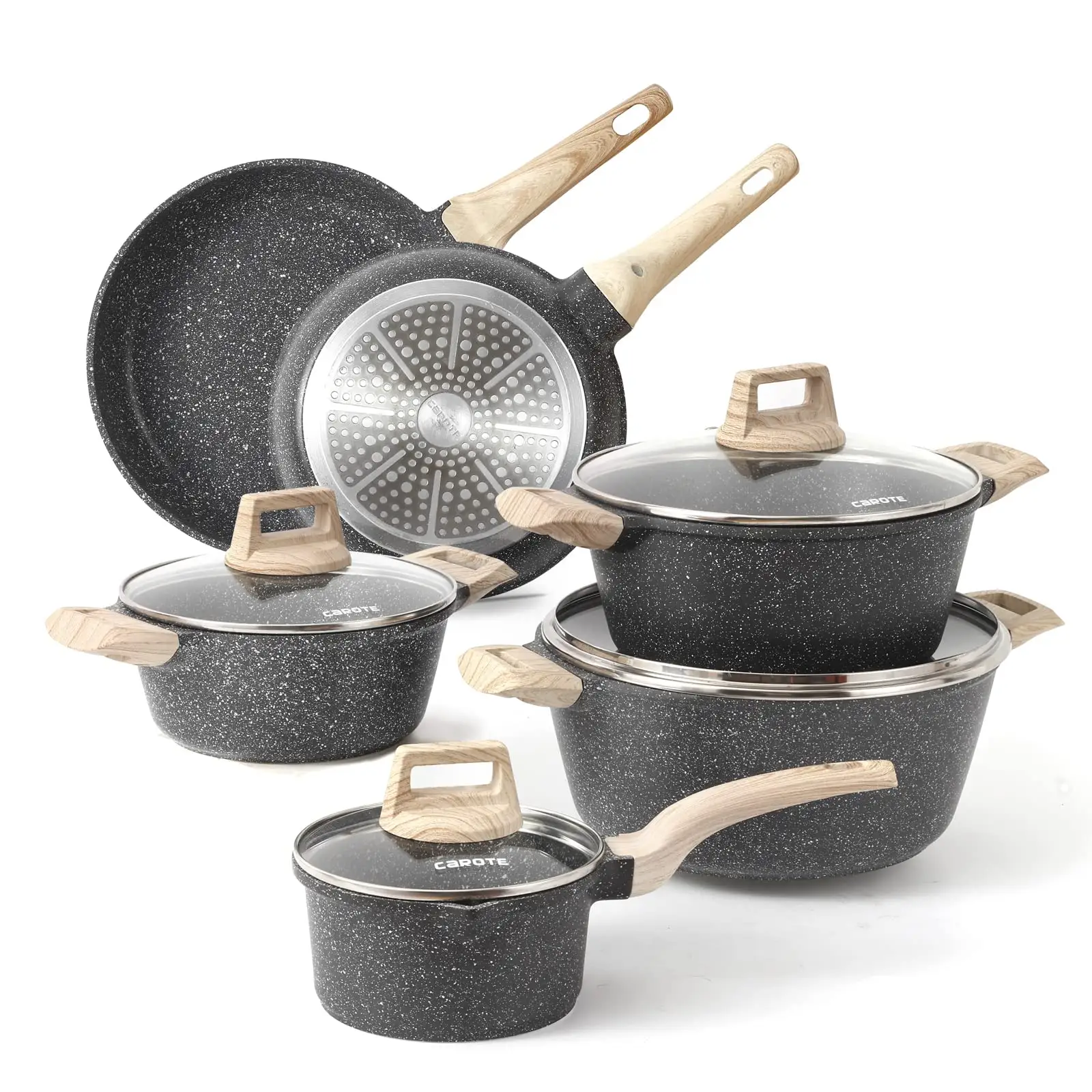 Trắng Granite cảm ứng bếp Cookware sets, 4 cái không dính nấu ăn Set W/Frying chảo & saucepans (PFOS, PFOA miễn phí)