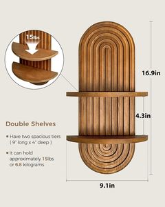 Décoration murale, étagère murale pour plantes marron, décoration moderne du milieu du siècle, étagère suspendue pour plantes, étagères flottantes en bois à 2 niveaux - Product Image 2