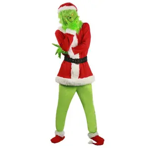 成人儿童男女通用圣诞绿色怪物服装豪华毛绒圣诞老人套装角色扮演万圣节服装舞台表演套装