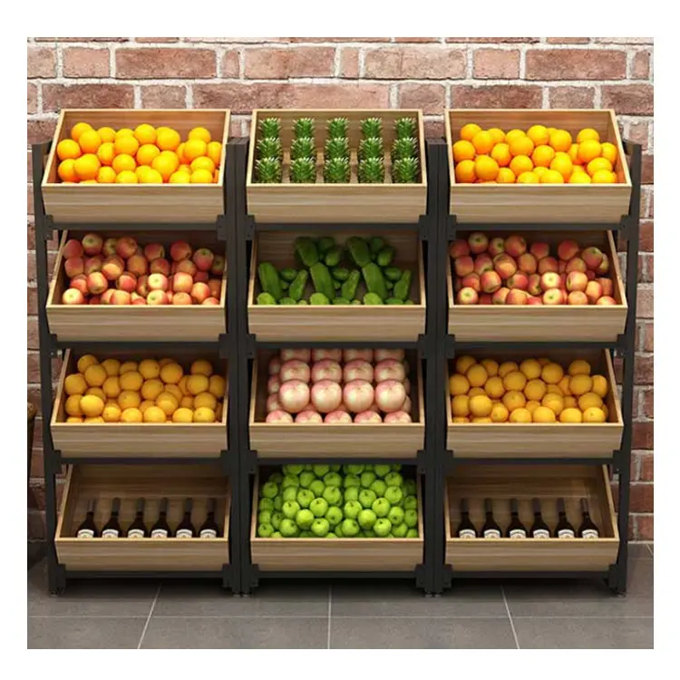 Hoge Kwaliteit Supermarkt Hout Fruit Groente Plank Display Rack Stand Voor Supermarkt Supermarkt