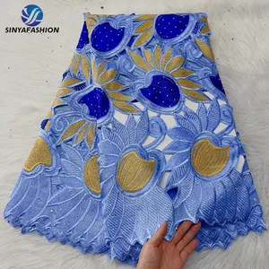 Sinya Blue High Quality African Nigeria Hand Cut Eyelet Swiss Voile Lace Fabric In Switzerland 100% Cotton Embroidered Sew Dress
