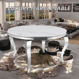 Modern Luxury Marble Dining <b>Table</b> Natural White Stone <b>Top</b> Polished Stainless Steel Curved Legs- Handmade Home Furniture Villa - Product Image 2