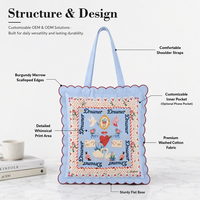 Sac fourre-tout en toile de coton bleu moyen avec logo OEM et poignée longue, impression de lettres pour campagne publicitaire, fabrication OEM en gros
