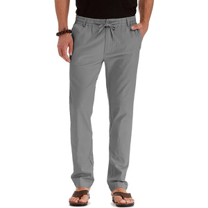 Pantalon décontracté gris pour homme en mélange de lin et de coton, coupe droite, respirant et confortable pour un usage quotidien - Product Image 1