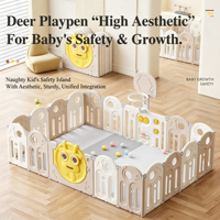 Parc de jeu pour tout-petits gris et blanc avec porte en forme de cerf, panier de basket et panneau d'activités interactif, enclos de sécurité intérieur pour bébé