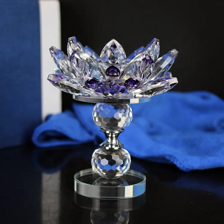 Mh-2022 Customized Color Crystal Glass Lotus Flower Candle Holder Fengshui Tealight Candle Glass Holder