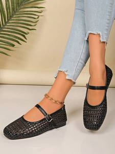 Zapatos planos de ballet tejidos con diseño hueco para mujer, con correa de hebilla, punta redonda, de cuero PU, suela suave, para el hogar, regalo para el Día de la Madre - Product Image 3