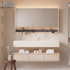 Meuble-lavabo mural crème avec vasque en pierre intégrée, <span class=keywords><strong>miroir</strong></span> et étagère de rangement pour projets - Product Image 1