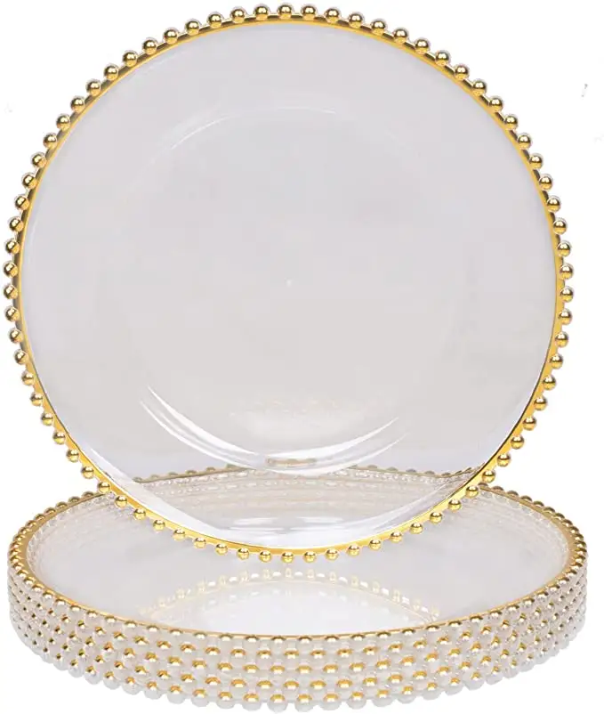 Plastic Material 13 Inch For Wedding And Event Clear Charger Plates With Gold Beads Around