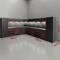 Estación de Trabajo Modular en Forma de L Personalizada, Gabinete Negro con Tiradores Rojos, Panel Perforado
