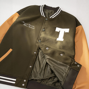 Veste universitaire unisexe personnalisée avec logo frontal, couleur unie premium, uniforme de baseball tendance, veste bomber en toile, col en V, polyester/coton 360g - Product Image 3