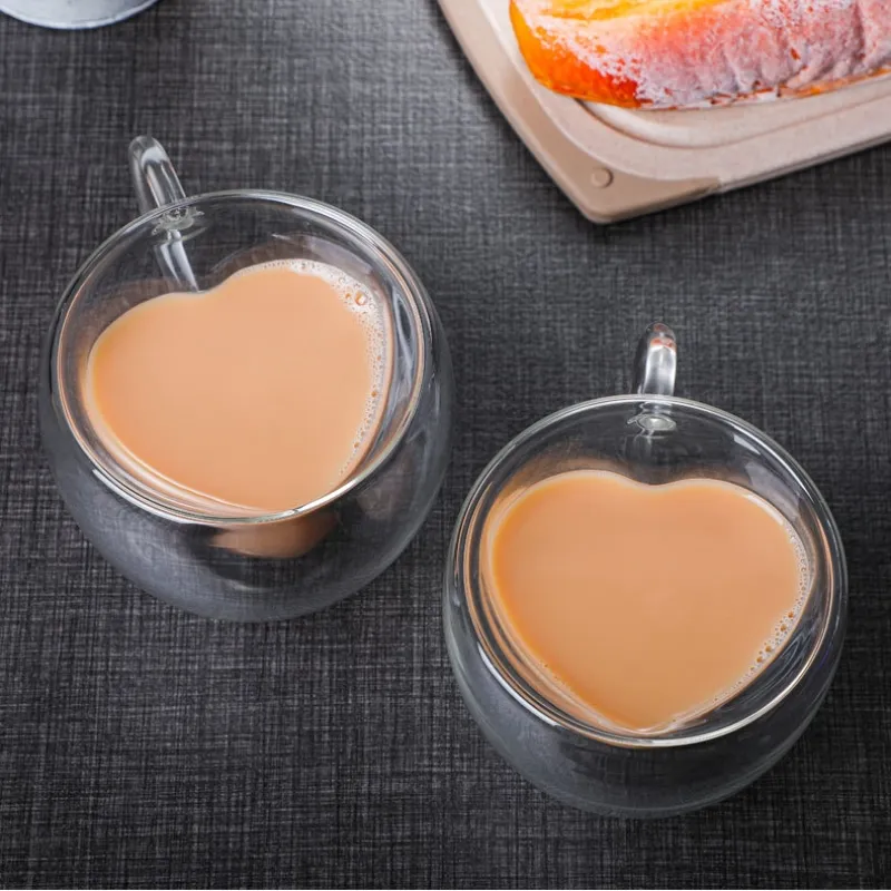 Venta al por mayor de vidrio de borosilicato transparente Empuñadura corazón amor Té Taza de café Espresso Tazas Taza de vidrio de doble pared