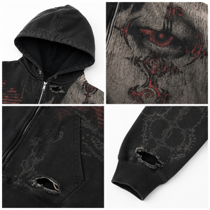 Custom-made Dark Punk Ripped Zip-up Hoodie Vintage Faded Black <strong>Gothic</strong> Totem Cross Pattern Street Style Men's Hooded <strong>Jacket</strong> - Product Image 3