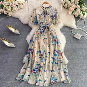 UETEEY Summer Retro Thin A -line Floral Chiffon Dress Bow Bubble Short Sleeve Waist Elegant Long Skirt