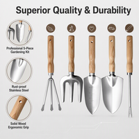 Ensemble d'outils de jardinage professionnels 5 pièces en acier inoxydable, pelle, bêche, fourche, désherbeur robustes avec manche ergonomique en bois pour la plantation