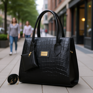 Sac fourre-tout en cuir noir moderne pour femme Fana Brina M3826, motif alligator, poignées renforcées, usage quotidien - Product Image 2