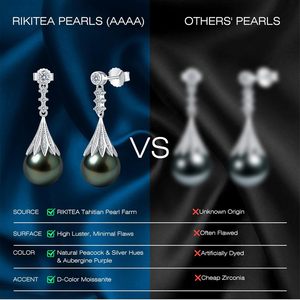 Orecchini Pendenti con Perle Nere di Tahiti Rikitea 9-11mm, Perle Naturali AAAA, Argento Sterling, Moissanite, Gioielli da Matrimonio - Product Image 5