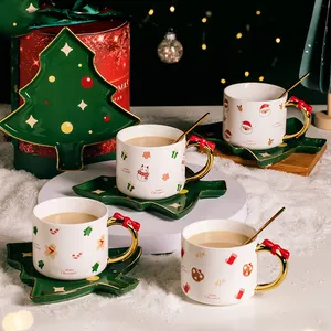 白色新款爆款冬季圣诞树设计板创意蝴蝶结手柄陶瓷咖啡杯带盖勺子