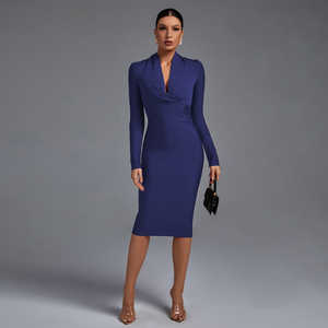 Vestido Elegante de Oficina para Mujer, Cuello en V, Manga Larga, Drapeado, Ajustado, Hasta la Rodilla, Marca Ocstrade, Alta Calidad - Product Image 5