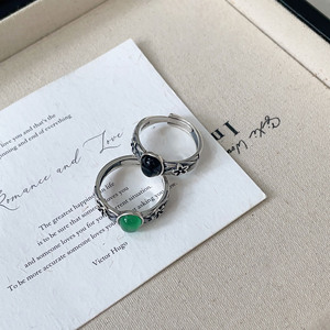 Thai <b>Silver</b> S925 <b>Sterling</b> <b>Silver</b> <b>Ring</b> With Black Agate And Green Stone Flower Design For Women Everyday Wear - Product Image 3