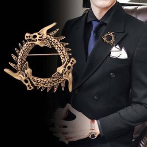 レトロなファッションメンズスーツフープピンブローチスカーフ服飾りゴールドシルバーヴィンテージ3頭ドラゴンメッキラペルピンブローチ - Product Image 2