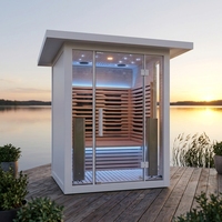 Sauna extérieur moderne en pin avec panneau de commande électronique, verre panoramique et chauffage à vapeur humide pour villa et jardin