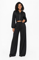 Ensemble 2 pièces pour femme : Cardigan court à capuche zippé à épaules tombantes et manches bouffantes, et pantalon large à cordon de serrage