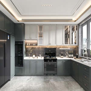 Armoire de <span class=keywords><strong>cuisine</strong></span> de style farmhouse peinte sur mesure, couleur au choix |   Haut blanc, <span class=keywords><strong>bas</strong></span> marine |   MDF personnalisé |   Fabricant - Product Image 1