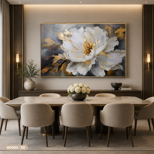 Peinture sur soie de luxe, fleur de pivoine, art mural, décoration intérieure, tissu en soie fait main, design or et blanc, Vietnam OEM ODM, modèle H0302-30 - Product Image 4