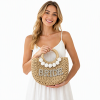 Sac de plage en paille personnalisé avec initiale perlée, deux poignées, fermeture à cordon, doublure en polyester, luxe, mariée, été